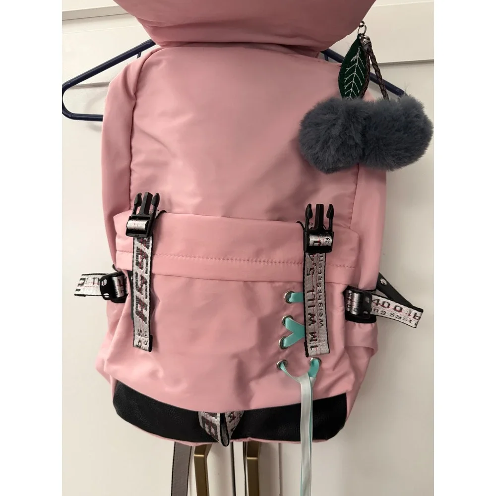 Asge Pink Black Nylon Backpack Harajuku Industrial Strap Lace Up School Bag NEW
